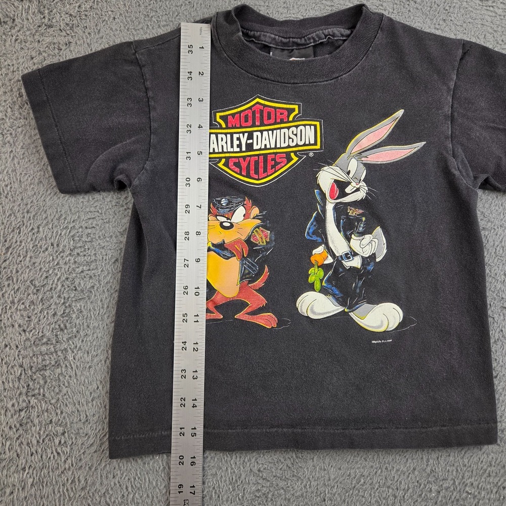 Vintage Harley Davidson Shirt Boy's Small Looney Tunes Bugs Bunny Taz 90s Black - Picture 5 of 12